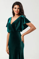 Load image into Gallery viewer, A Line V-Neck Peacock Velvet Bridesmaid Dress with Ruffles