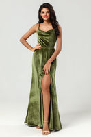 Load image into Gallery viewer, Velvet A Line Green Bridesmaid Dress with Slit