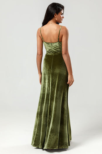 Velvet A Line Green Bridesmaid Dress with Slit