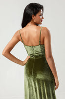 Load image into Gallery viewer, Velvet A Line Green Bridesmaid Dress with Slit