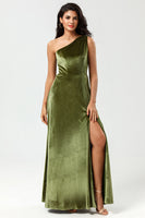 Load image into Gallery viewer, One Shoulder A Line Velvet Green Bridesmaid Dress with Slit