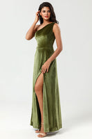 Load image into Gallery viewer, One Shoulder A Line Velvet Green Bridesmaid Dress with Slit