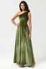 Load image into Gallery viewer, One Shoulder A Line Velvet Green Bridesmaid Dress with Slit