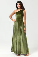 Load image into Gallery viewer, One Shoulder A Line Velvet Green Bridesmaid Dress with Slit
