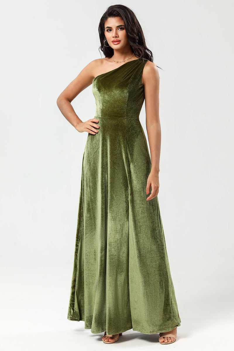 Load image into Gallery viewer, One Shoulder A Line Velvet Green Bridesmaid Dress with Slit