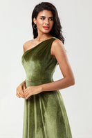 Load image into Gallery viewer, One Shoulder A Line Velvet Green Bridesmaid Dress with Slit
