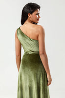 Load image into Gallery viewer, One Shoulder A Line Velvet Green Bridesmaid Dress with Slit
