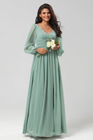 Load image into Gallery viewer, A Line Green Long Sleeves Bridesmaid Dress with Slit
