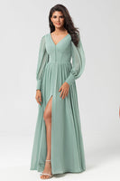 Load image into Gallery viewer, Chiffon A Line Long Sleeves Bridesmaid Dress with Buttons