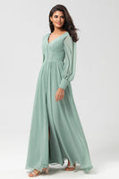 Load image into Gallery viewer, Chiffon A Line Long Sleeves Bridesmaid Dress with Buttons