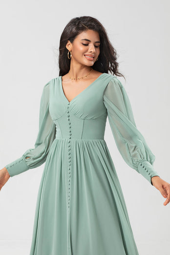 Chiffon A Line Long Sleeves Bridesmaid Dress with Buttons