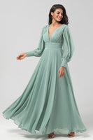 Load image into Gallery viewer, Detachable Long Sleeves Chiffon Green Bridesmaid Dress with Pleated