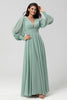 Load image into Gallery viewer, Detachable Long Sleeves Chiffon Green Bridesmaid Dress with Pleated