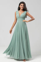 Load image into Gallery viewer, Detachable Long Sleeves Chiffon Green Bridesmaid Dress with Pleated
