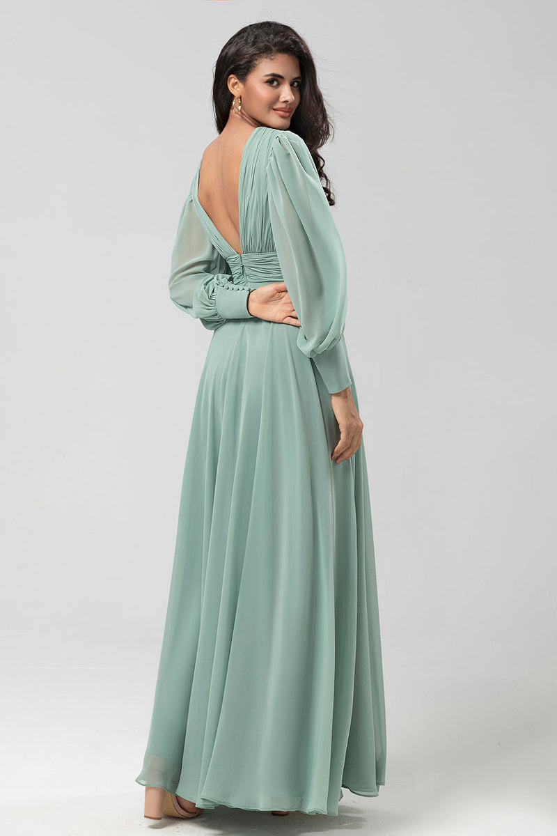 Load image into Gallery viewer, Detachable Long Sleeves Chiffon Green Bridesmaid Dress with Pleated