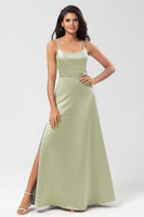 Load image into Gallery viewer, Satin Green Bridesmaid Dress with Lace-up Back