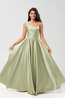 Load image into Gallery viewer, One Shoulder Satin Green Bridesmaid Dress with Pockets