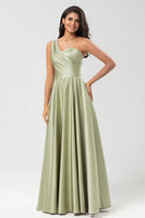 Load image into Gallery viewer, One Shoulder Satin Green Bridesmaid Dress with Pockets