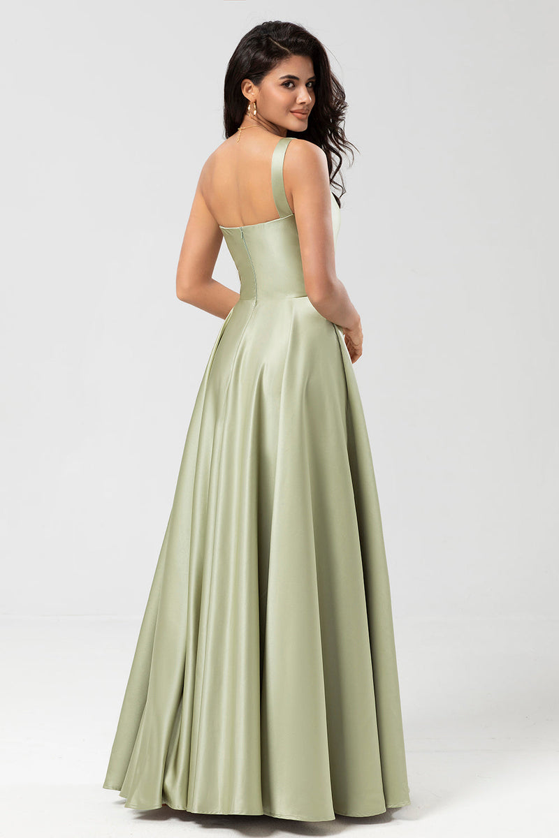 Load image into Gallery viewer, One Shoulder Satin Green Bridesmaid Dress with Pockets