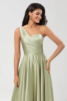 Load image into Gallery viewer, One Shoulder Satin Green Bridesmaid Dress with Pockets