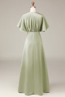 Load image into Gallery viewer, Dusty Sage V-neck Short Sleeves A-line Satin Bridesmaid Dress