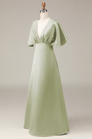 Load image into Gallery viewer, Dusty Sage V-neck Short Sleeves A-line Satin Bridesmaid Dress