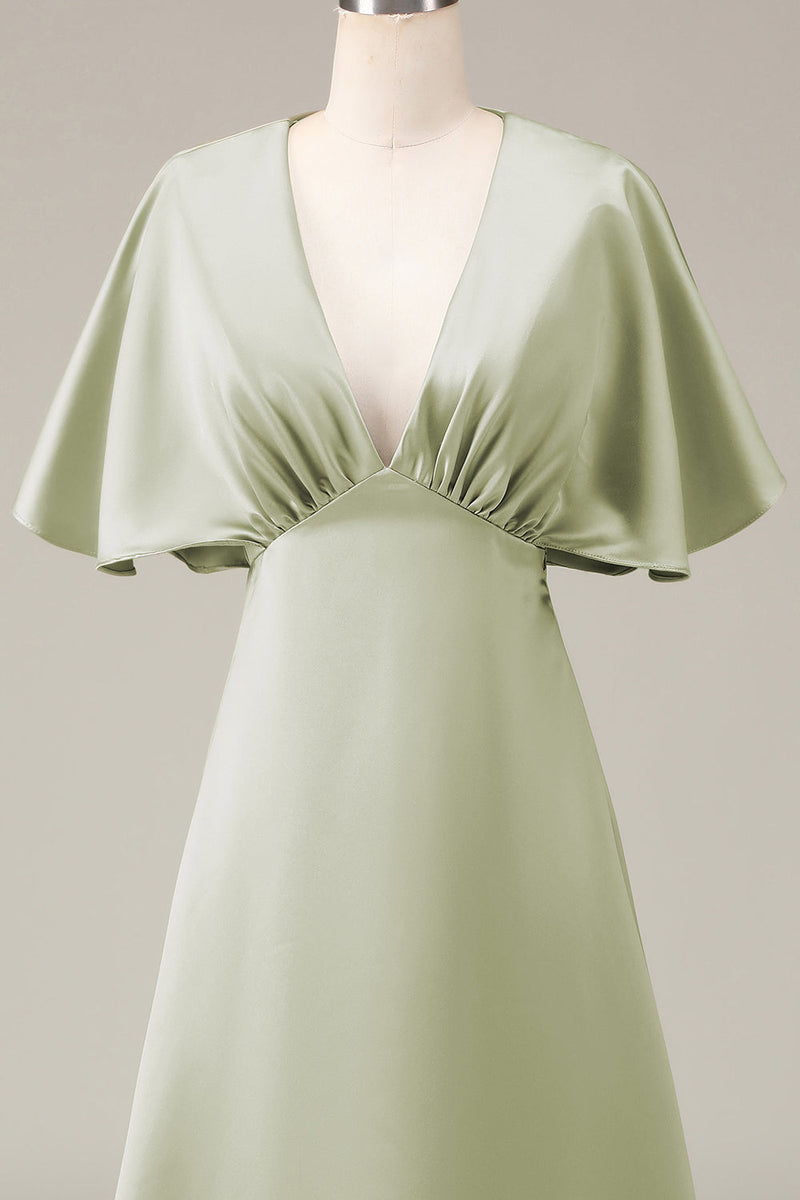 Load image into Gallery viewer, Dusty Sage V-neck Short Sleeves A-line Satin Bridesmaid Dress