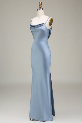 Dusty Blue Sheath Spaghetti Straps Satin Long Bridesmaid Dress