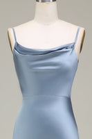 Load image into Gallery viewer, Dusty Blue Sheath Spaghetti Straps Satin Long Bridesmaid Dress
