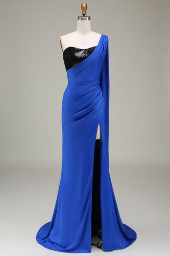 Royal Blue One Shoulder Satin and Sequin Mermaid Prom Dress with Slit