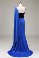 Load image into Gallery viewer, Royal Blue One Shoulder Satin and Sequin Mermaid Prom Dress with Slit