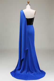 Royal Blue One Shoulder Satin and Sequin Mermaid Prom Dress with Slit