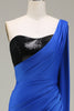 Load image into Gallery viewer, Royal Blue One Shoulder Satin and Sequin Mermaid Prom Dress with Slit
