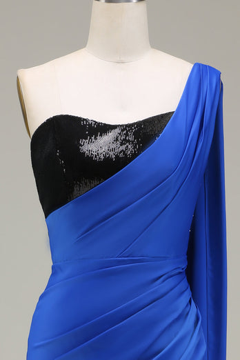 Royal Blue One Shoulder Satin and Sequin Mermaid Prom Dress with Slit