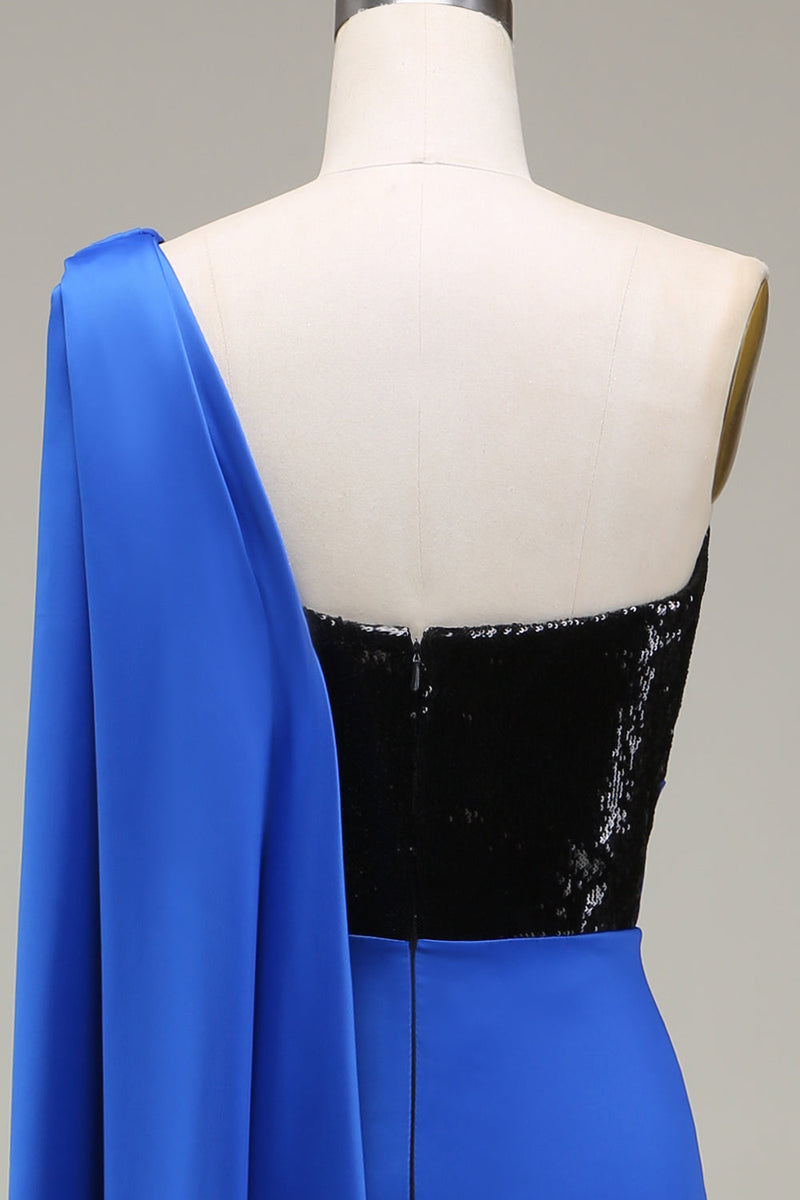 Load image into Gallery viewer, Royal Blue One Shoulder Satin and Sequin Mermaid Prom Dress with Slit