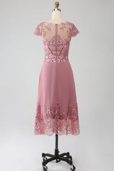 Dusty Rose A-Line Scoop Illusion Tea-Length Mother of the Bride Dress With Sequins