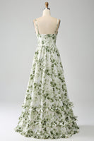 Load image into Gallery viewer, Green A-Line Spaghetti Straps Printed Pleated Long Prom Dress With Slit