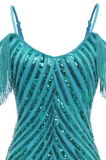 Sparkly Turquoise Tight Sequins Short Homecoming Dress with Fringes