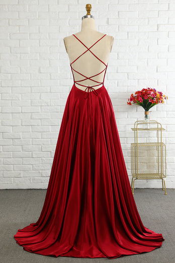 Simple A Line Spaghetti Straps Burgundy Long Prom Dress with Cirss Cross Back