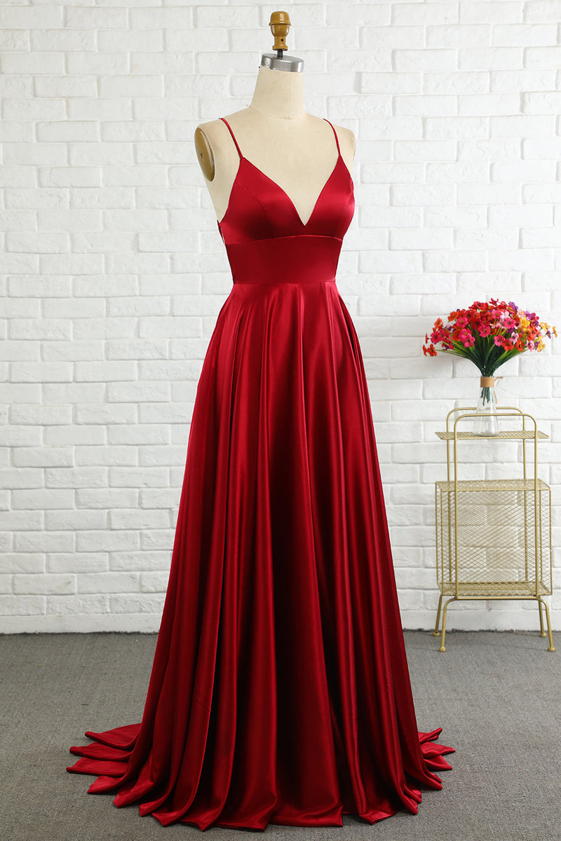 Load image into Gallery viewer, Simple A Line Spaghetti Straps Burgundy Long Prom Dress with Cirss Cross Back