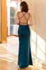 Load image into Gallery viewer, Sheath V Neck Peacock Blue Long Prom Dress with Criss Cross Back