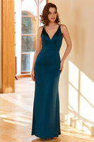 Load image into Gallery viewer, Sheath V Neck Peacock Blue Long Prom Dress with Criss Cross Back