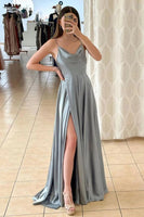 Load image into Gallery viewer, Sage Green Satin Long Prom Dress with Slit