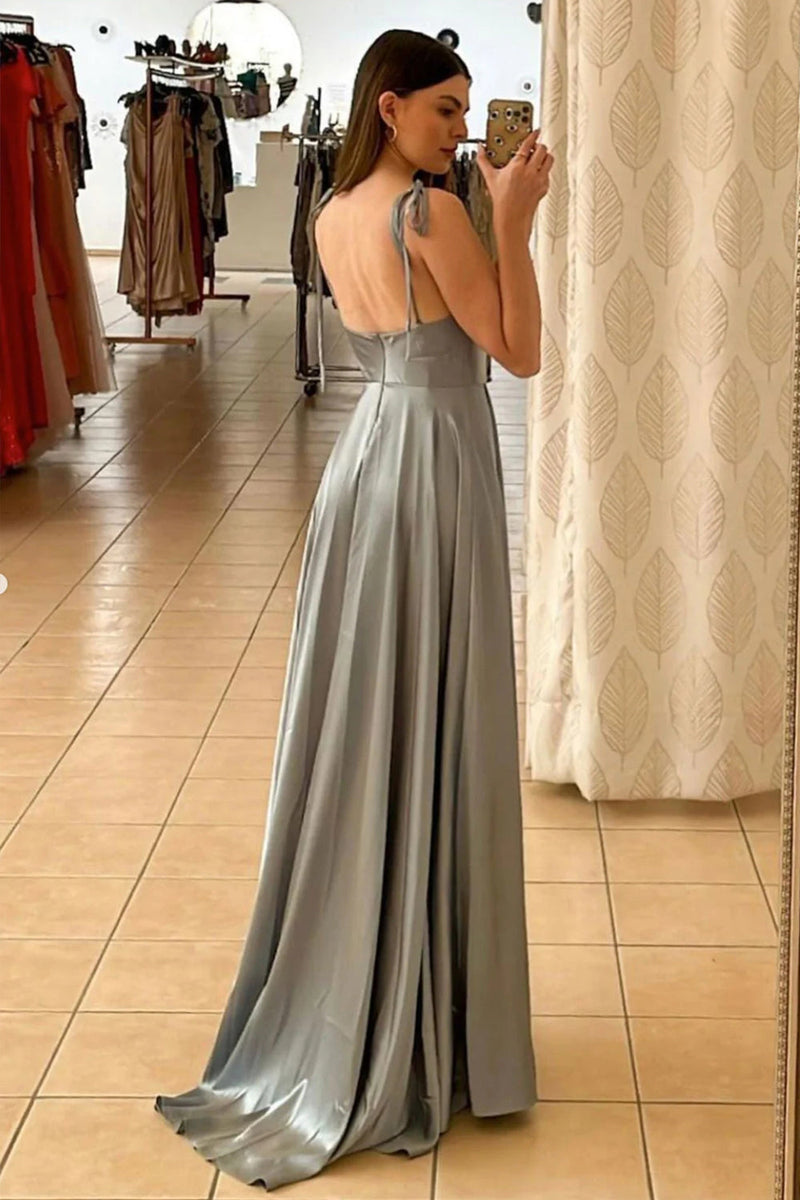Load image into Gallery viewer, Sage Green Satin Long Prom Dress with Slit