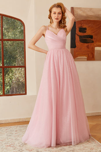 Glitter Lace-Up Ruched Pink Princess Prom Dress
