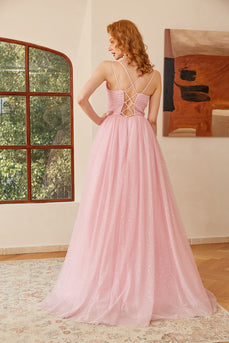 Glitter Lace-Up Ruched Pink Princess Prom Dress