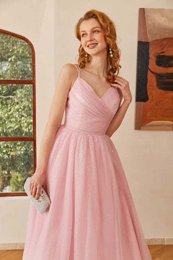 Glitter Lace-Up Ruched Pink Princess Prom Dress