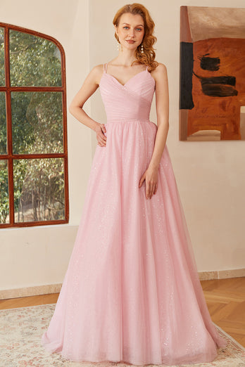 Glitter Lace-Up Ruched Pink Princess Prom Dress
