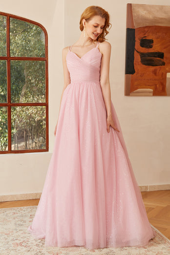 Glitter Lace-Up Ruched Pink Princess Prom Dress