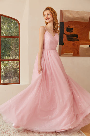 Glitter Lace-Up Ruched Pink Princess Prom Dress